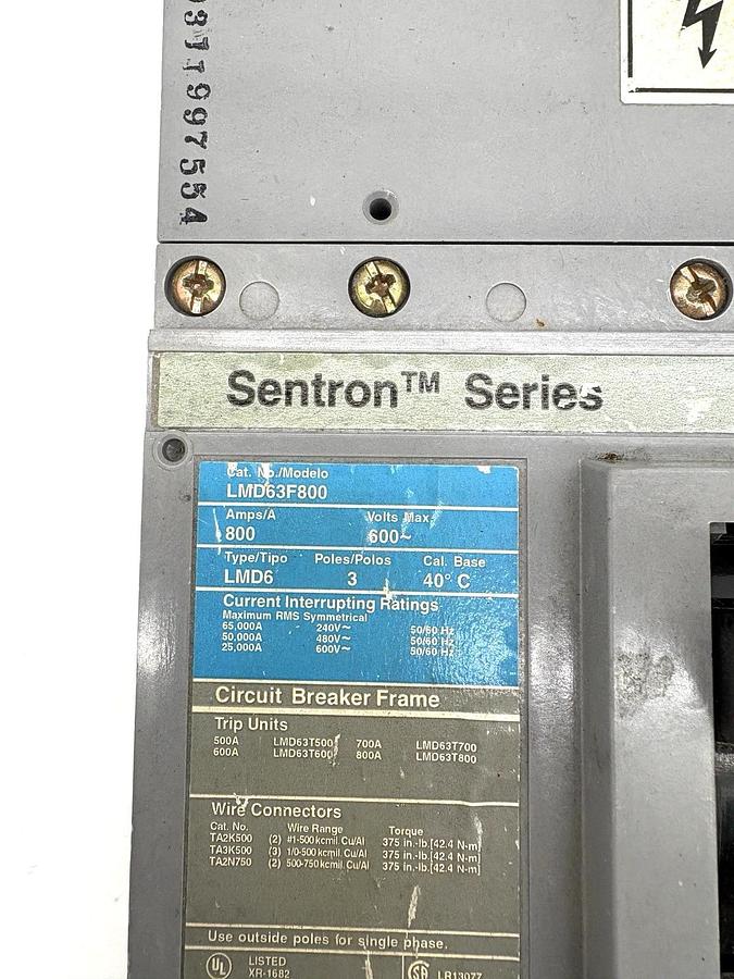 Used Siemens LMD63B800 Circuit Breaker 800A 600V 3P LMD63F800 w/800A Trip Unit