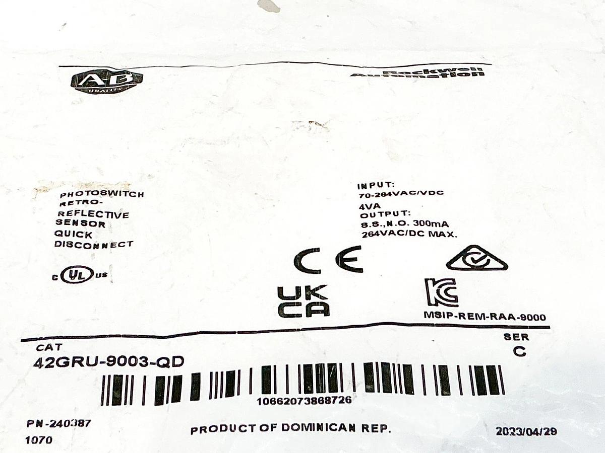 New Allen Bradley 42GRU-9003-QD Photoswitch Retro-Reflective Sensor 264V Ser.C