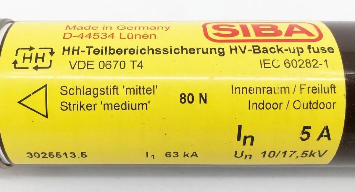 New SIBA 3025513.5 Fuse-Link HHD 5A 10/17,5kV DIN 43625 e=292mm 80 N