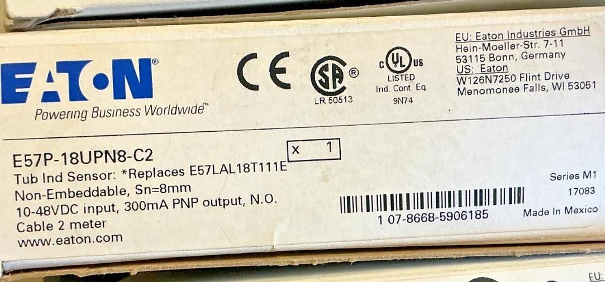 New Eaton E57P-18UPN8-C2 Ser M1 Inductive Proximity Sensor Sn=8mm 10-48VDC