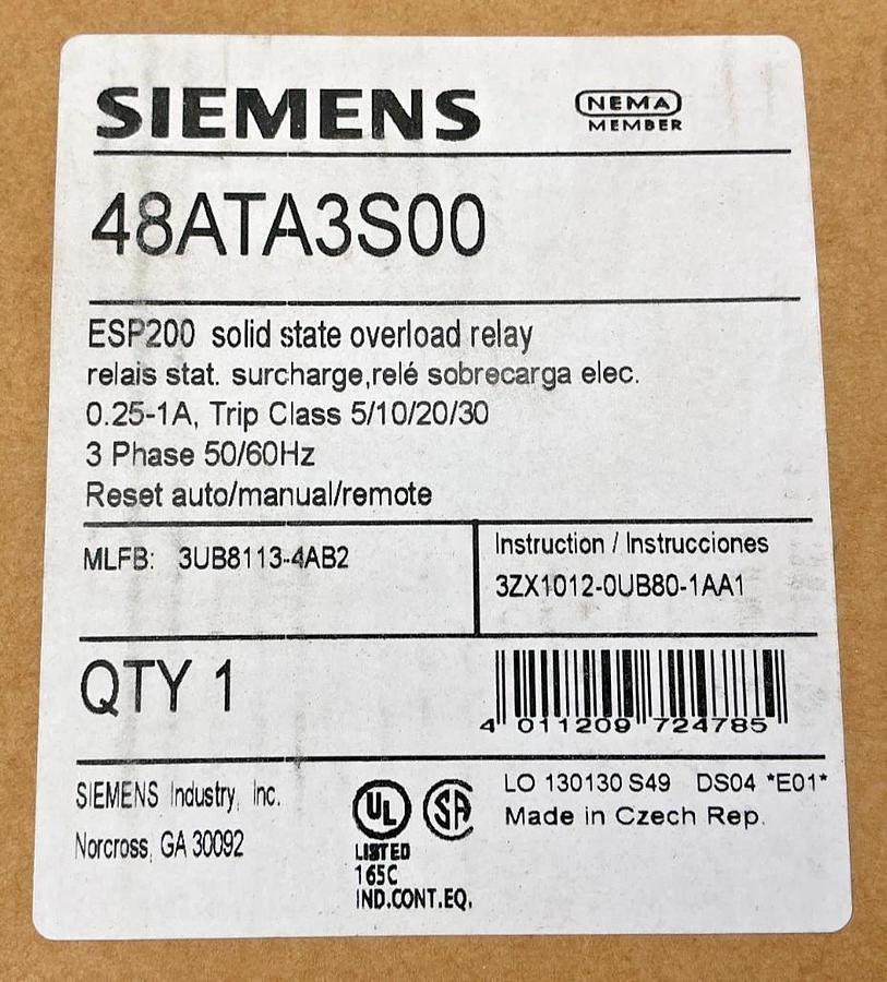 New Siemens 48ATA3S00 Solid State Overload Relay 3Ph .25-1A 50/60HZ 3UB8113-4AB2