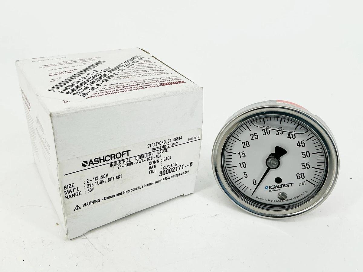 New Ashcroft 25-1009-AWL-02B-60# Pressure Gauge 0-60PSI 2.5" 1/4"NPT