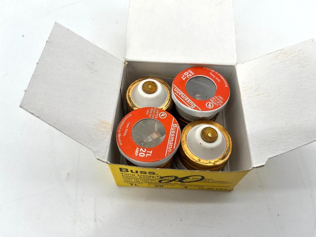 Box of 4 New Bussmann TL-20 Plug Fuses 20A 125VAC Time Delay
