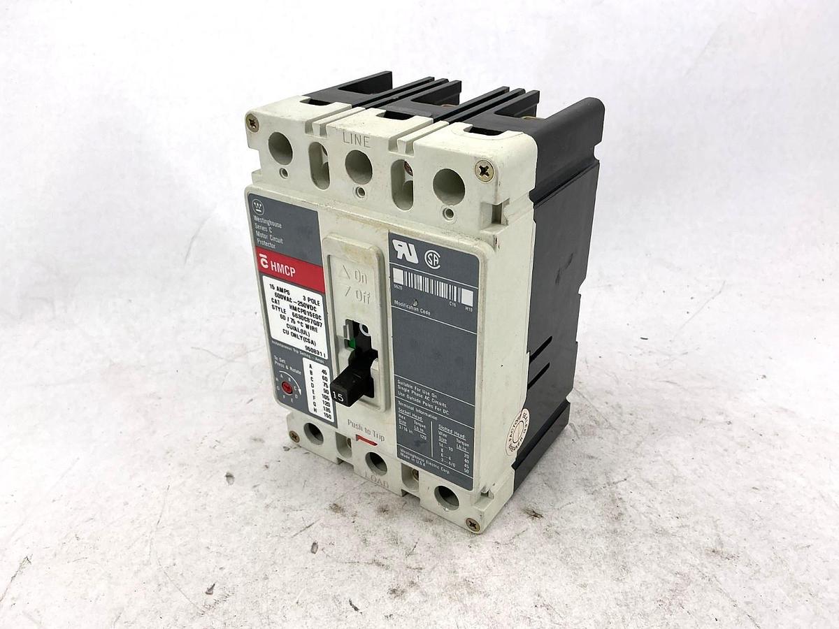 Used Westinghouse HMCP015E0C Ser C Motor Circuit Breaker 3-Pole 15A 600VAC