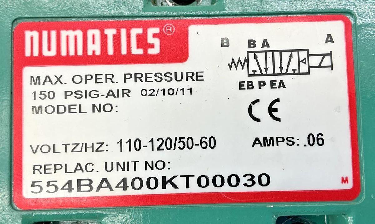 Used Numatics 554BA400KT00030 Solenoid Valve 150PSIG-Air 0.06A 110/120V 50/60HZ