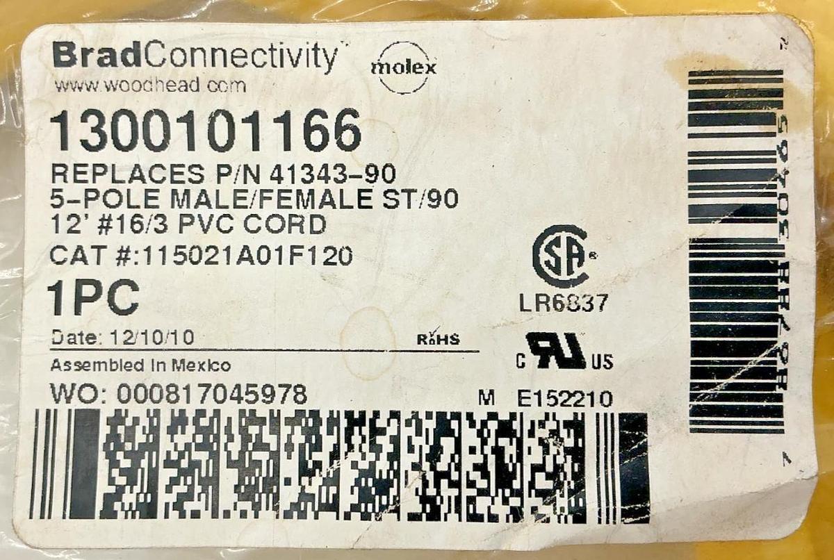 New Brad Connectivity 115021A01F120 Cordset Male/Female 5-Pin 12ft 1300101166