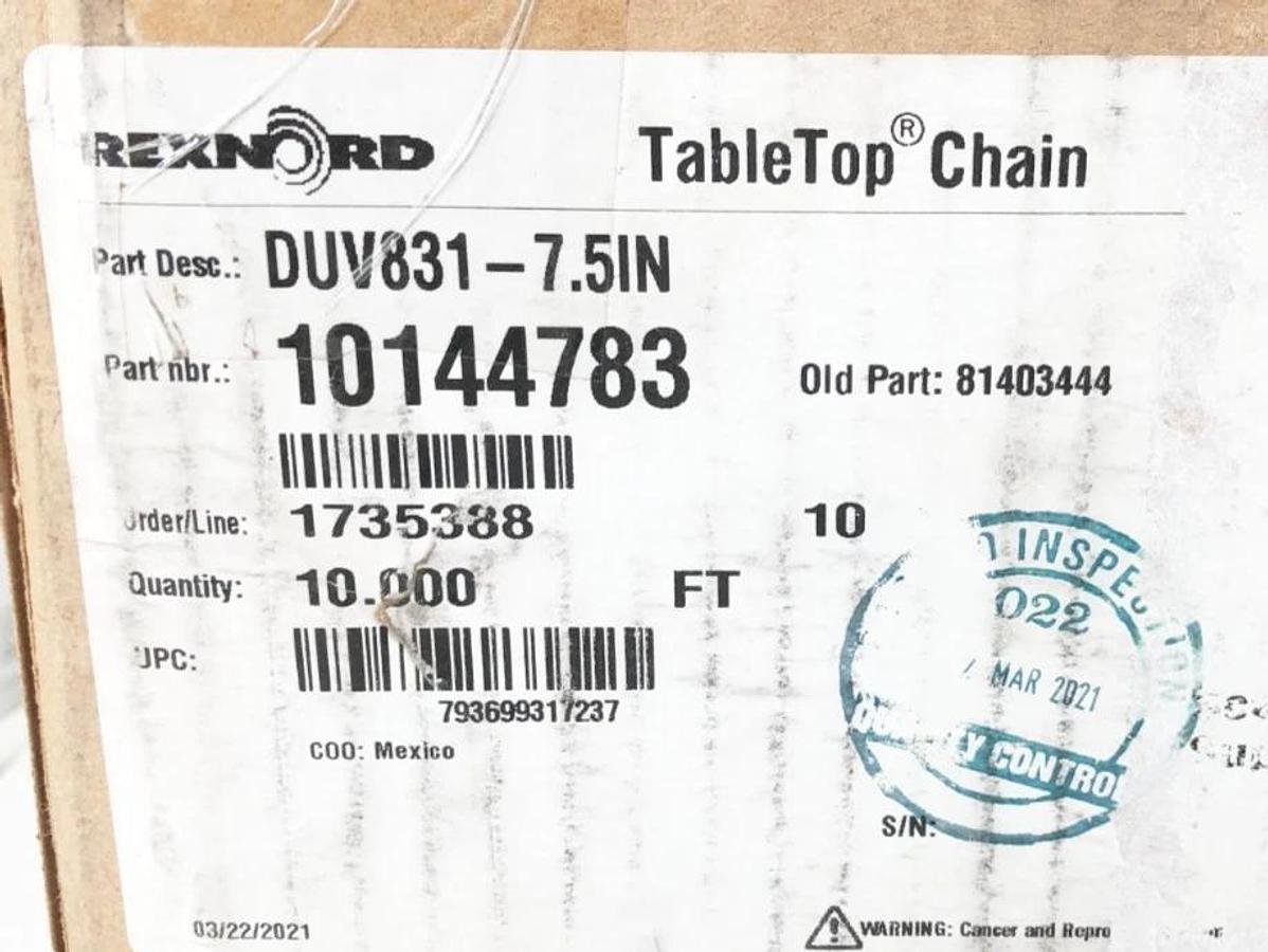 New Rexnord DUV831-7.5IN TableTop Chain 10 FT. 10144783 81403444