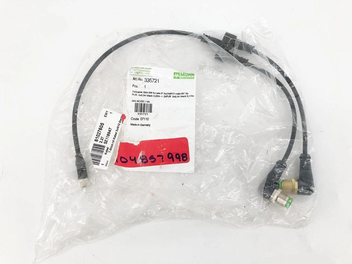 New Murr Elektronik 335721 T-Coupler Slim M8 Female 2x M12 Male 90° 24VAC/DC 4A