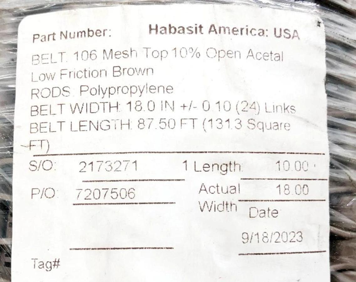 New Habasit 106 Mesh Top 10% Open Acetal Low Friction Brown 18" x 10 FT No Box