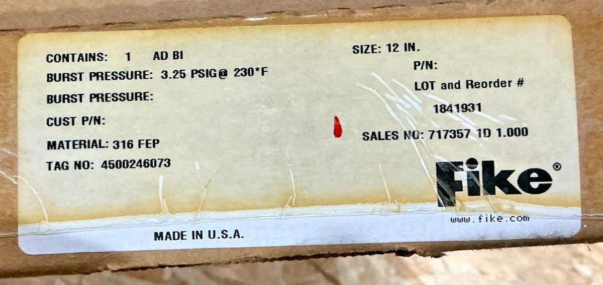 New Fike  Type AD BI Burst Indicator Size:12" Material:316FEP 3.25PSIG@230F
