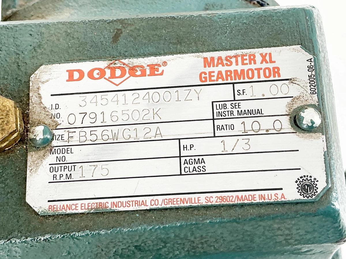 New Dodge FB56WG12A Gear Motor Output 175RPM 1/3HP 10.0 Ratio 575V - No Box