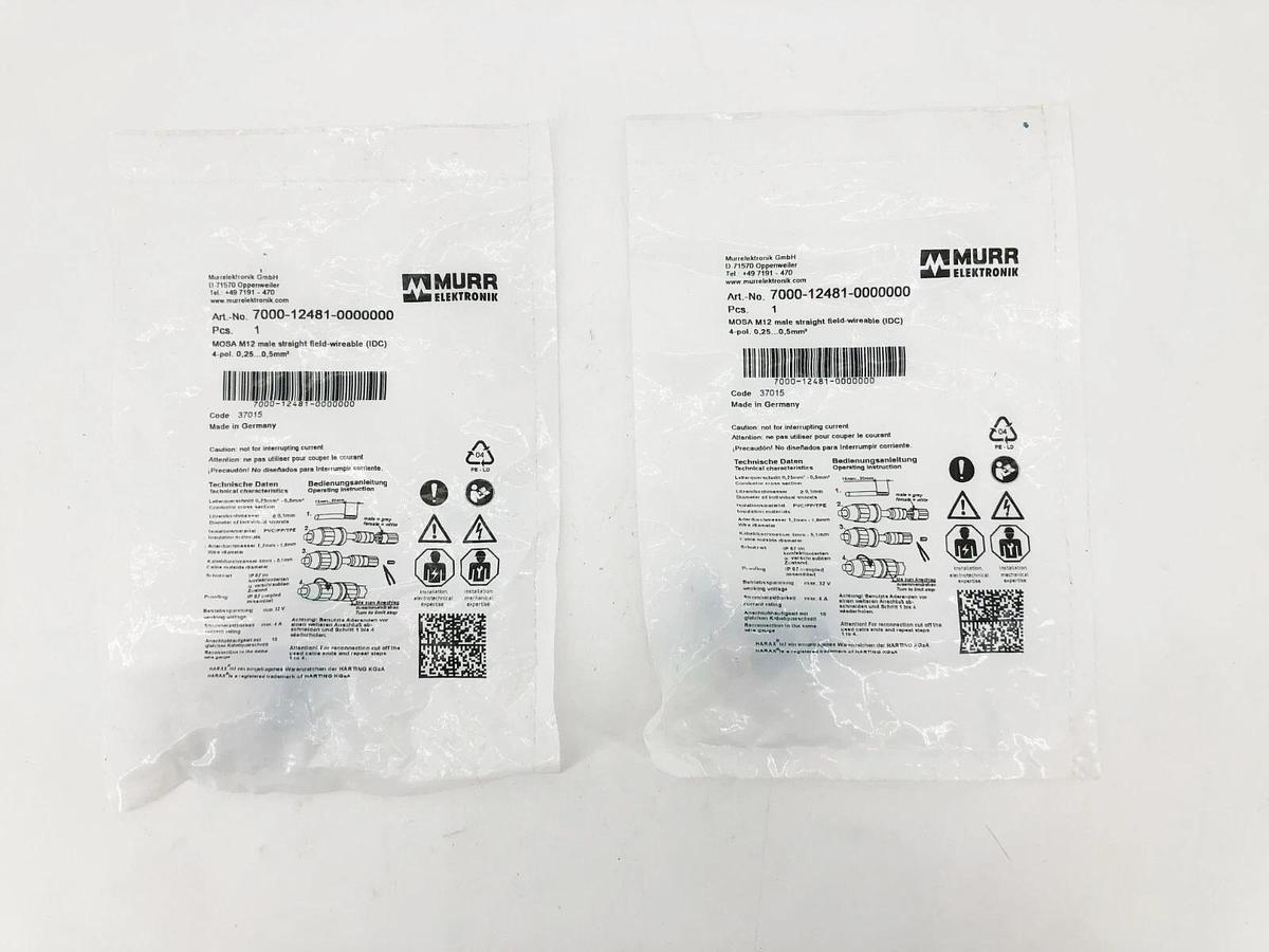 Lot of 2 New Murr Elektronik 7000-12481-0000000 Connectors M12 Straight Field 4P