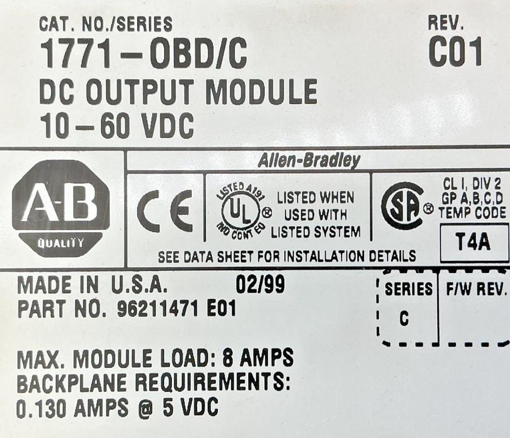 Used Allen Bradley 1771-OBD Ser C DC Output Module PLC Rack 8A 10-60VDC