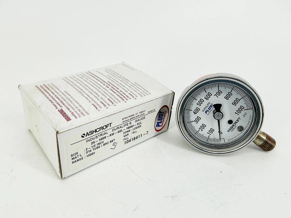 New Ashcroft 25-1009-AW-02L-1000#-XLL Pressure Gauge 2-1/2" 100PSI 316 Tube
