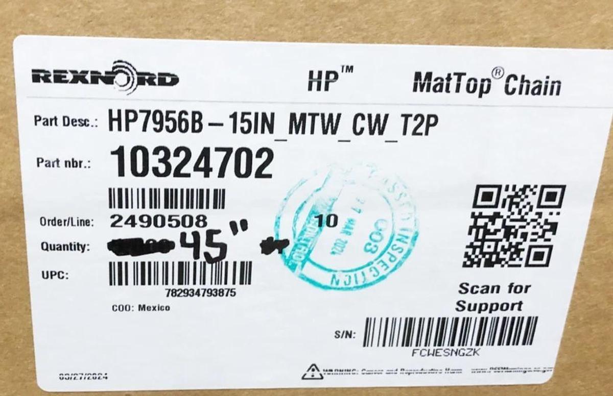 New Rexnord 10324702 Conveyor Chain HP7956B-15IN-MTW-CW-T2P 15" W x 45" L