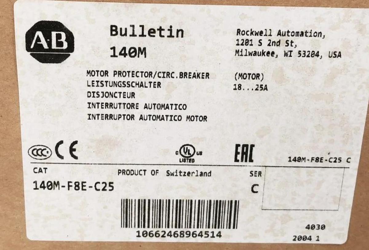 New Allen Bradley 140M-F8E-C25 Ser. C Motor Protector Circuit Breaker 18-25A