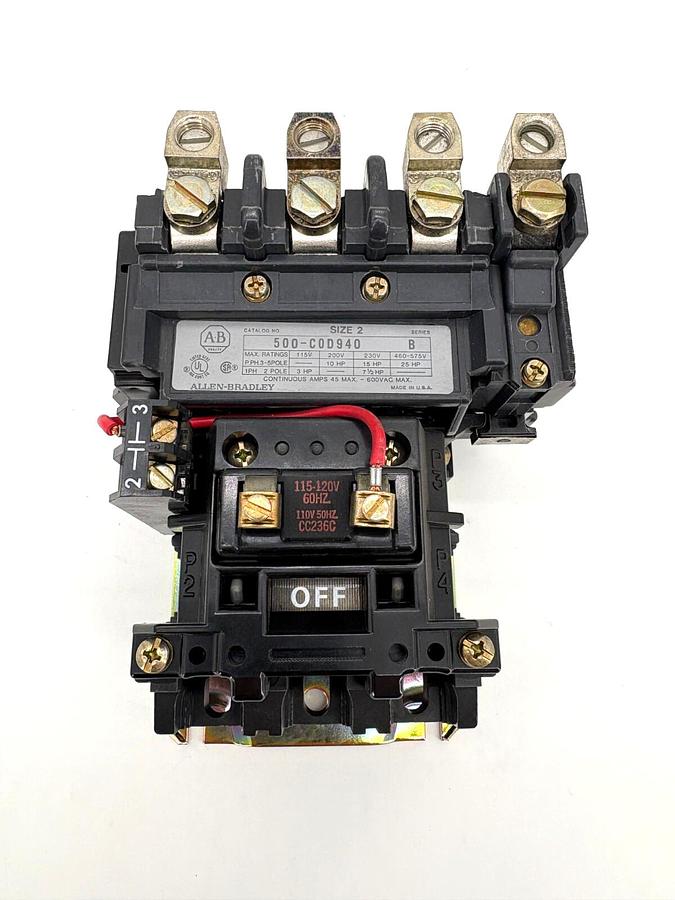 New Allen Bradley 500-COD940 Ser. B 3Ph Contactor 120V Coil NEMA Size 2 45A Max