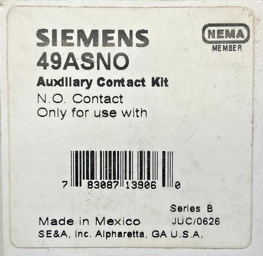 New Siemens 49ASNO Ser B Auxiliary Contact Kit 1-NO Contact NEMA Rating A600