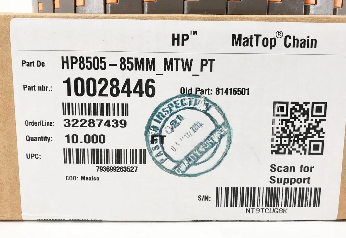 New Rexnord 10028446 MatTop Chain HP8505-85MM_MTW_PT 10FT.
