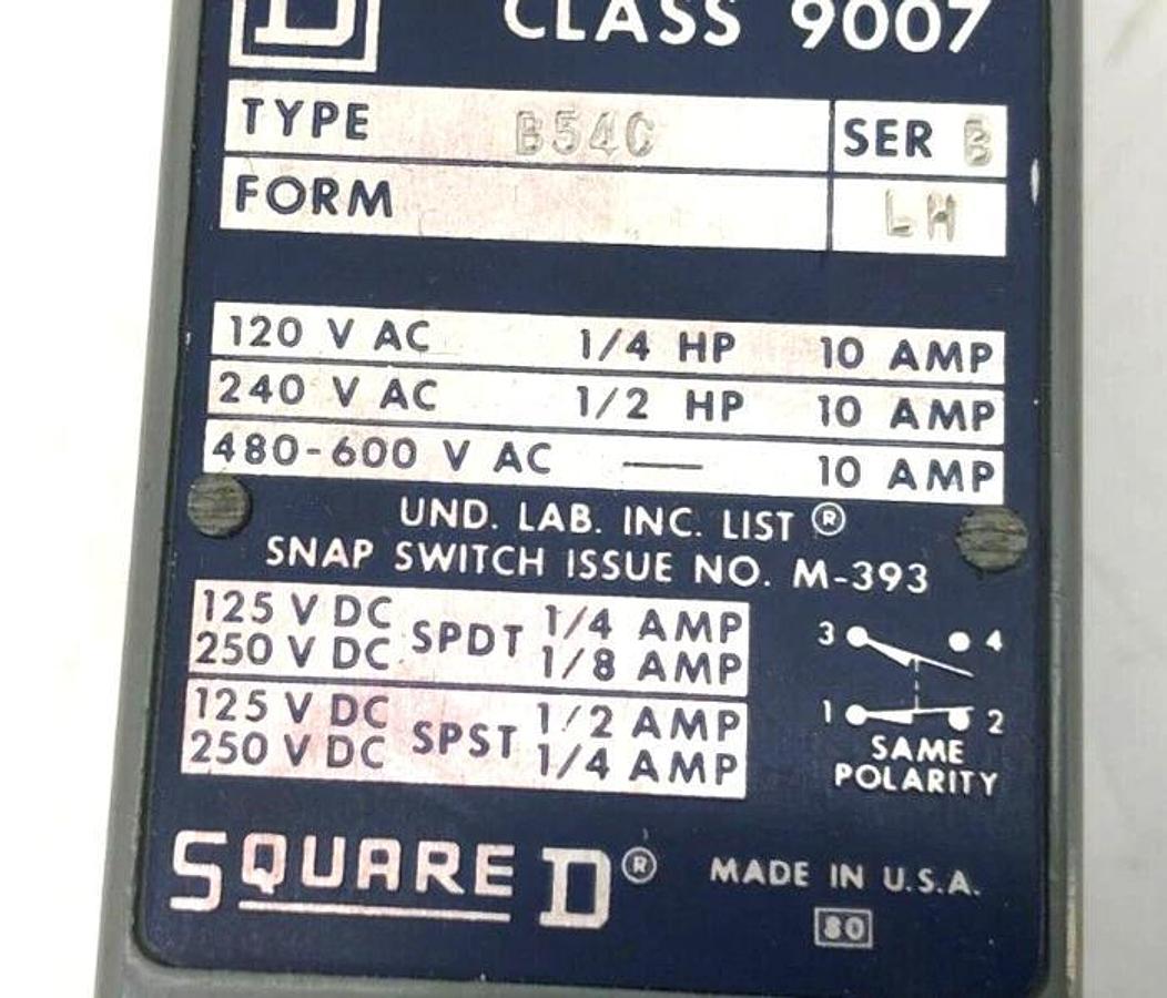 New Square D 9007-B54C Ser. B Limit Switch Form LH 120/240/480-600VAC 10A