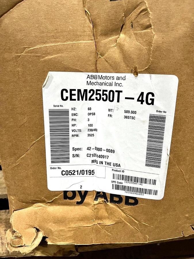 New Baldor CEM2550T-4G 100HP OPSB Motor 230/460V 60Hz 3ph 3525rpm 365TSC Frame