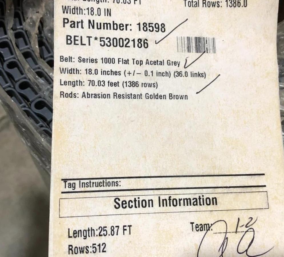 New Intralox 18598 Series 1000 Flat Top Acetal Grey 18" W x 25.87FT. - No Box