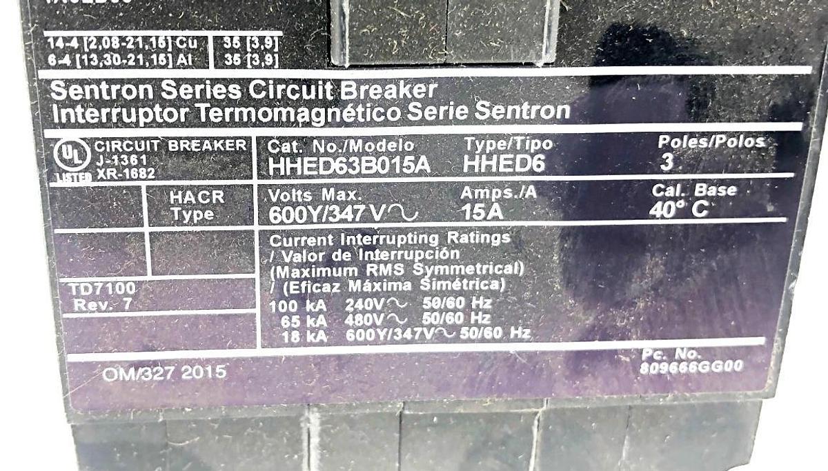 New Siemens HHED63B015A Circuit Breaker 3P 480V 15A