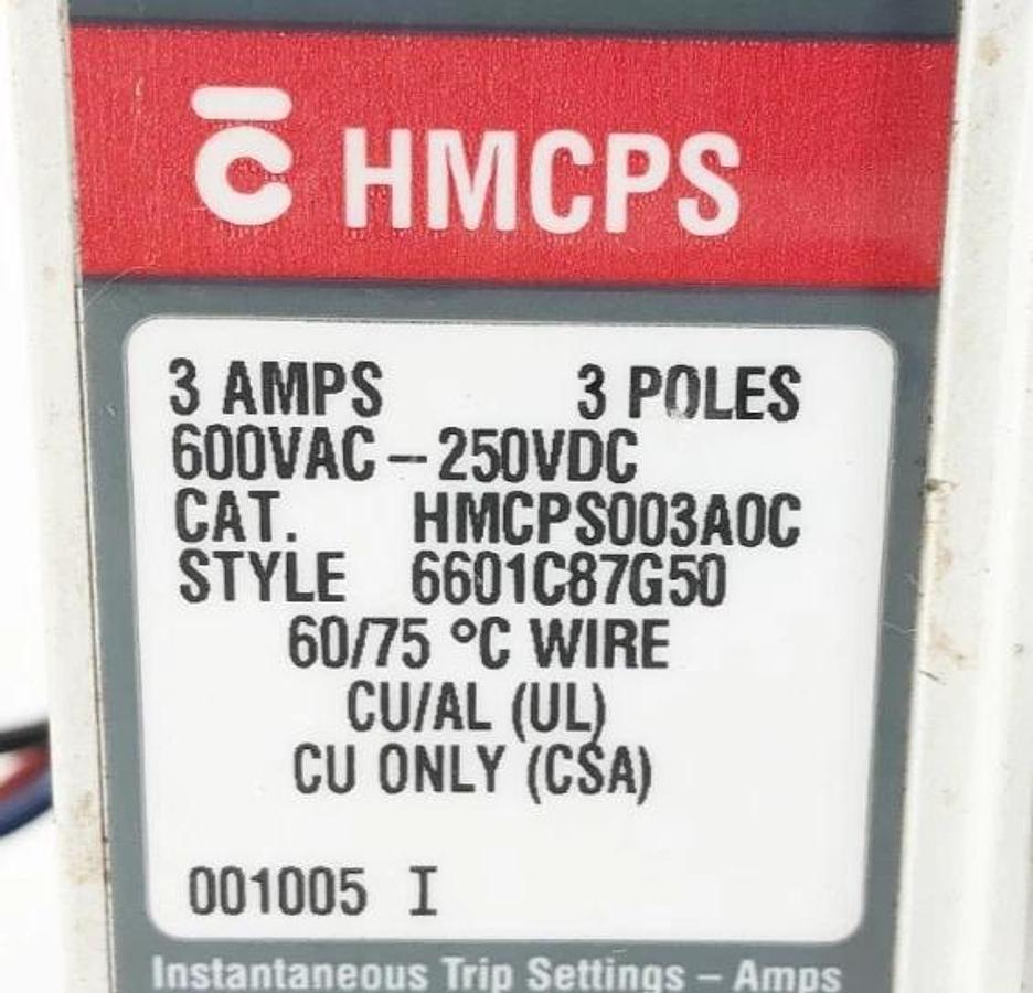 Used Cutler Hammer HMCPS003A0C Motor Circuit Breaker w/ A1X1LB 3P 3A 600VAC 250VDC