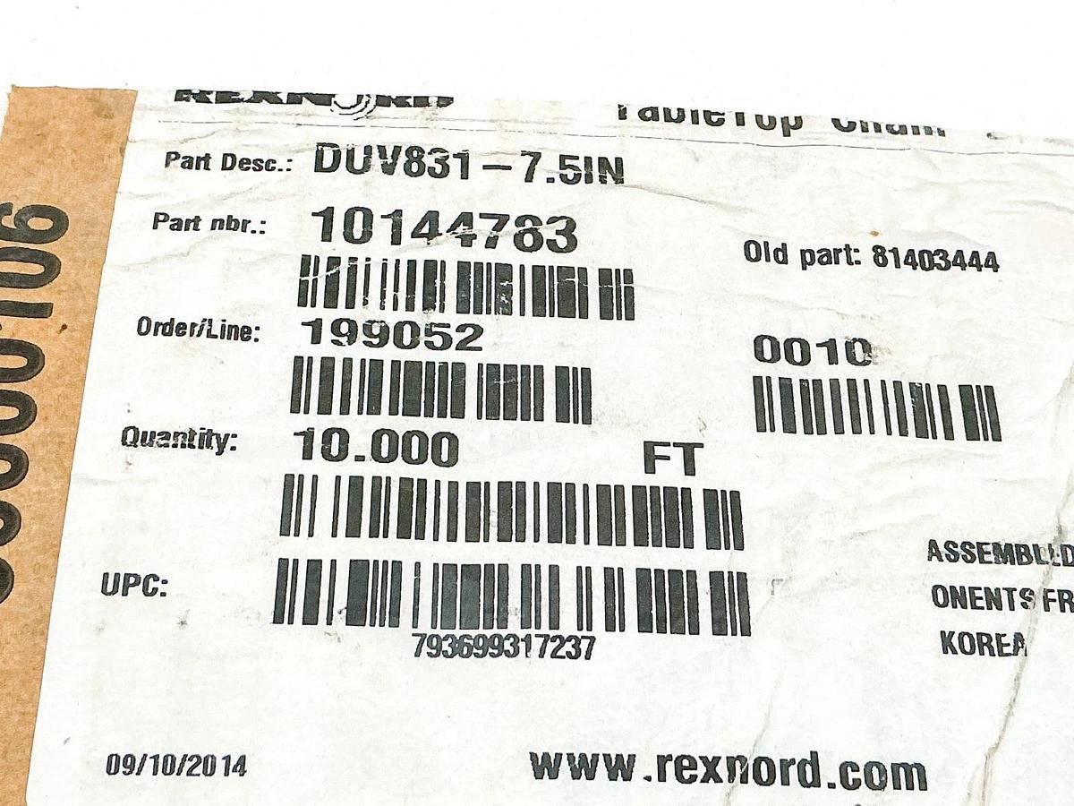 New Rexnord DUV831-7.5IN TableTop Chain 10 FT. 10144783 81403444 - No Box