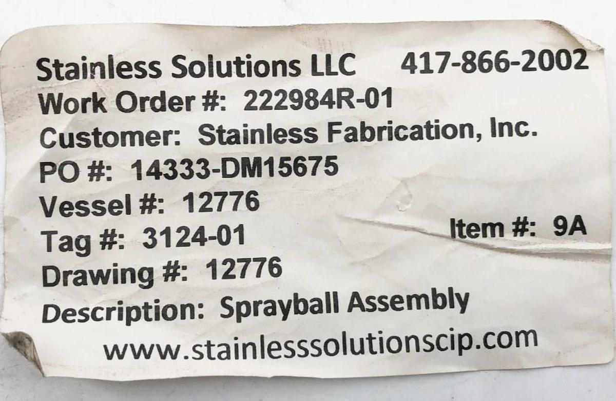 New Stainless Solutions 12776 Spray Ball Assembly - No Box