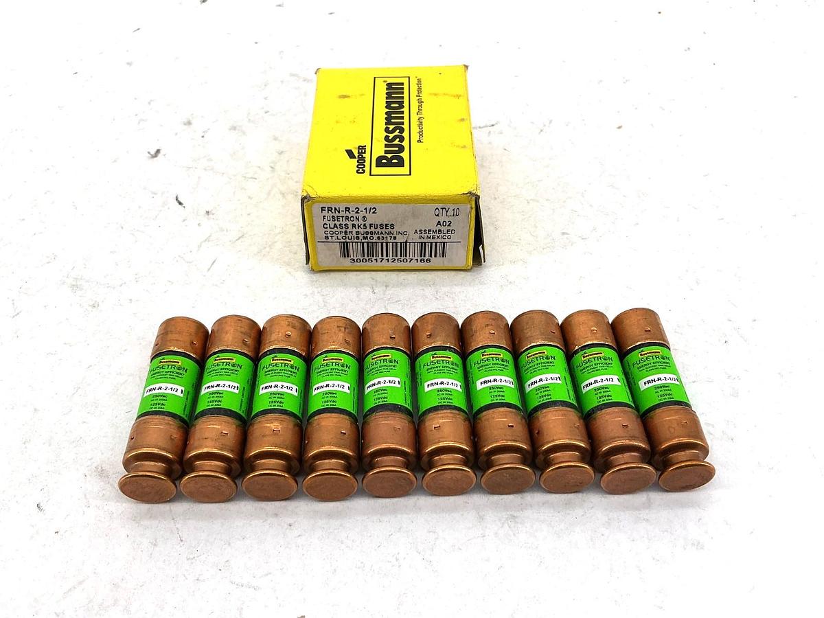 New Bussmann FRN-R-2-1/2 Fusetron Class RK5 Fuse 2-1/2A 250V Box of 10