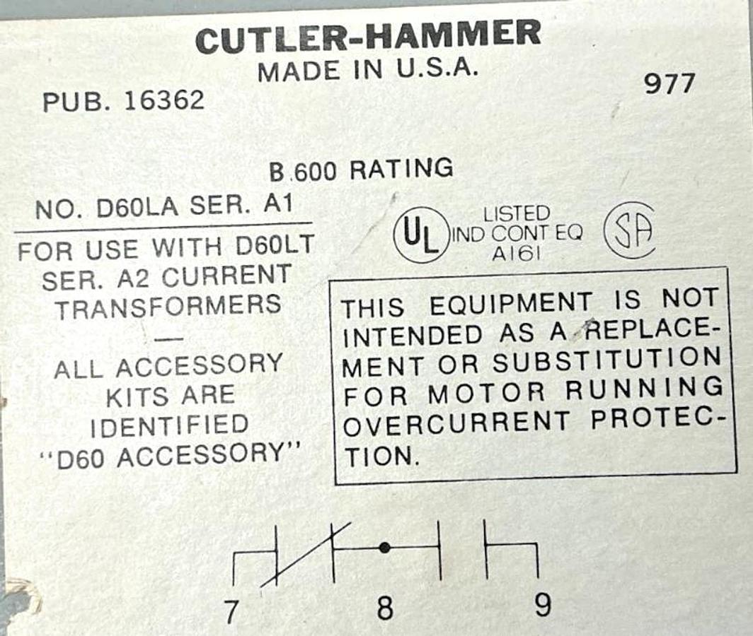 Used Cutler-Hammer D60LA Ser A1 Adjustable Current Relay 600VAC 50/60HZ