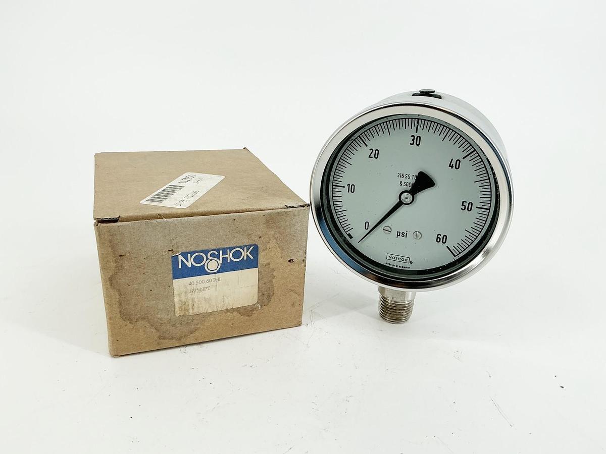 New NoShok 40-500-60 Pressure Gauge 4" Face 1/2"NPT 60PSI