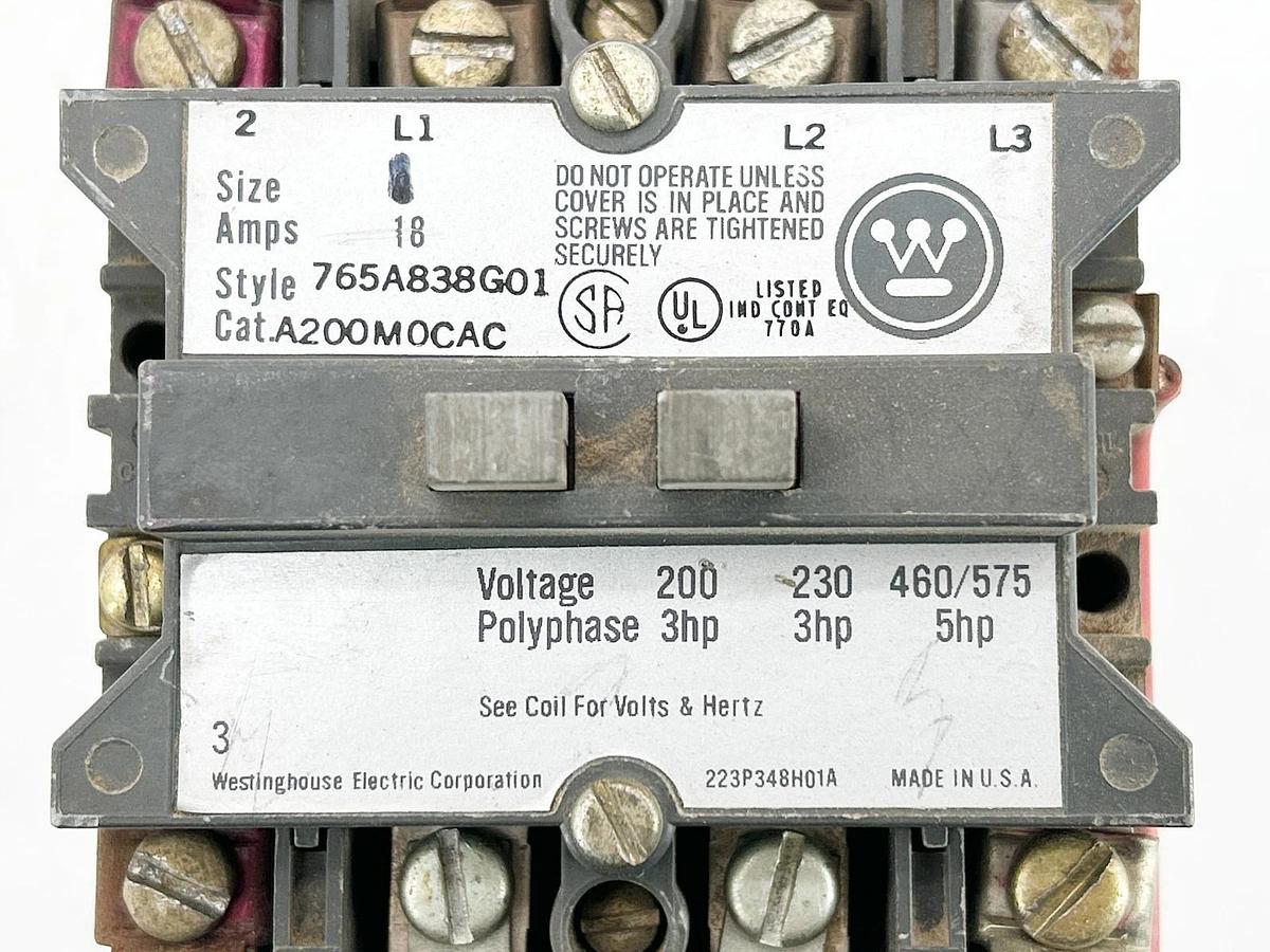 Used Westinghouse A200M0CAC Motor Starter 3P Size 0 18A 120V 5HP 480V 50/60Hz