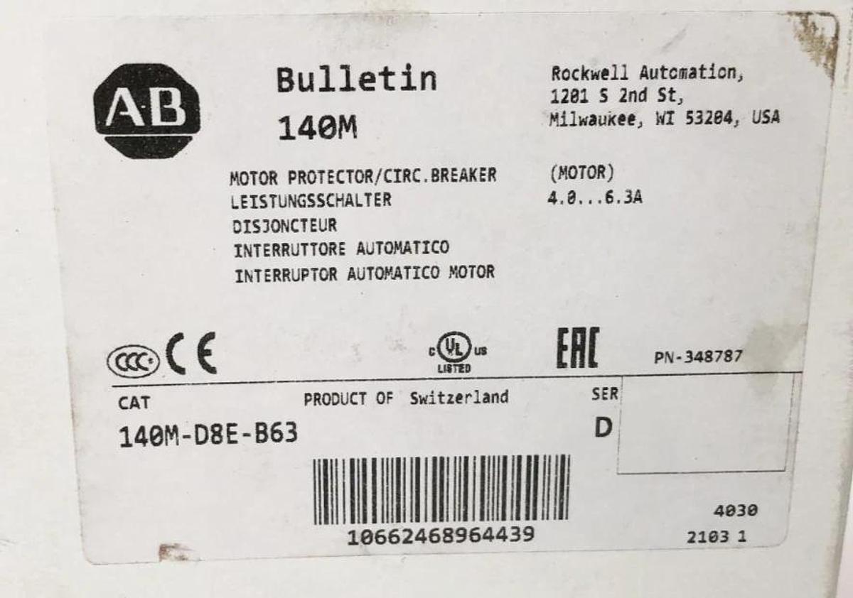 New Allen Bradley 140M-D8E-B63 Ser. D Motor Protector Breaker 4-6.3A