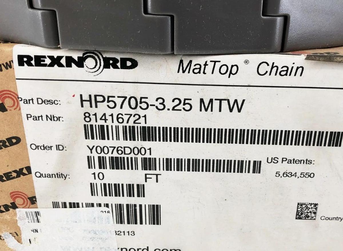 New Rexnord HP5705-3.25 MTW MatTop Chain 81416721 10 FT
