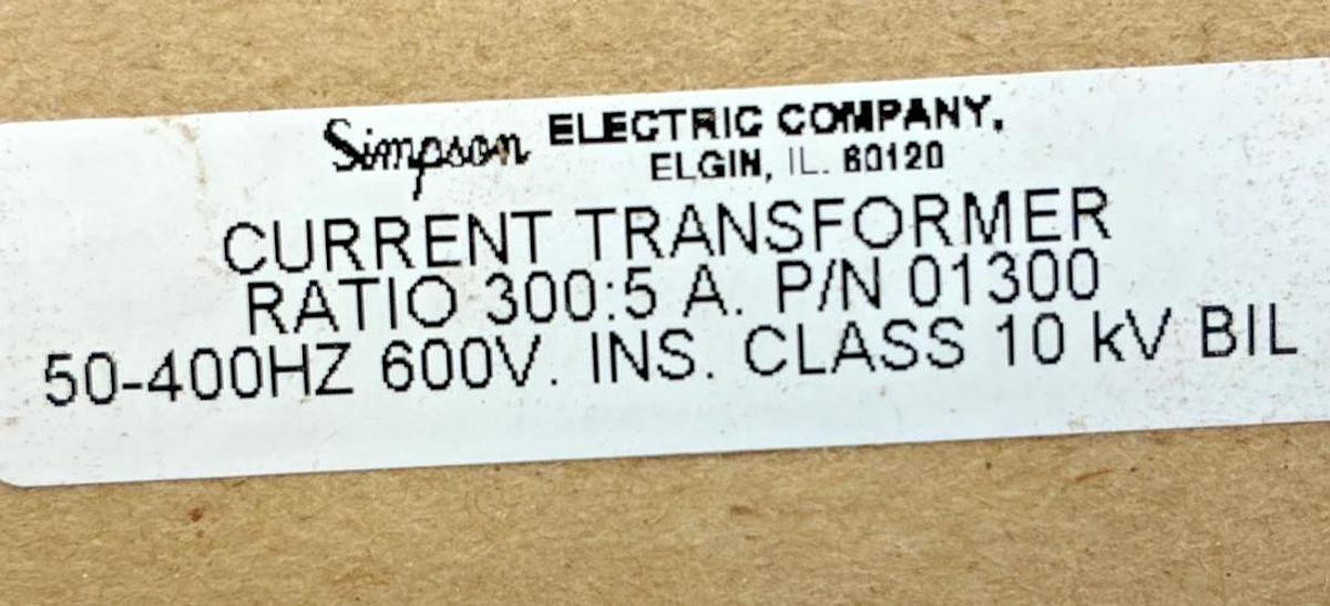 New Simpson Electric 01300 Current Transformer 2-Wire Ratio 300:5A 600V 50-400HZ