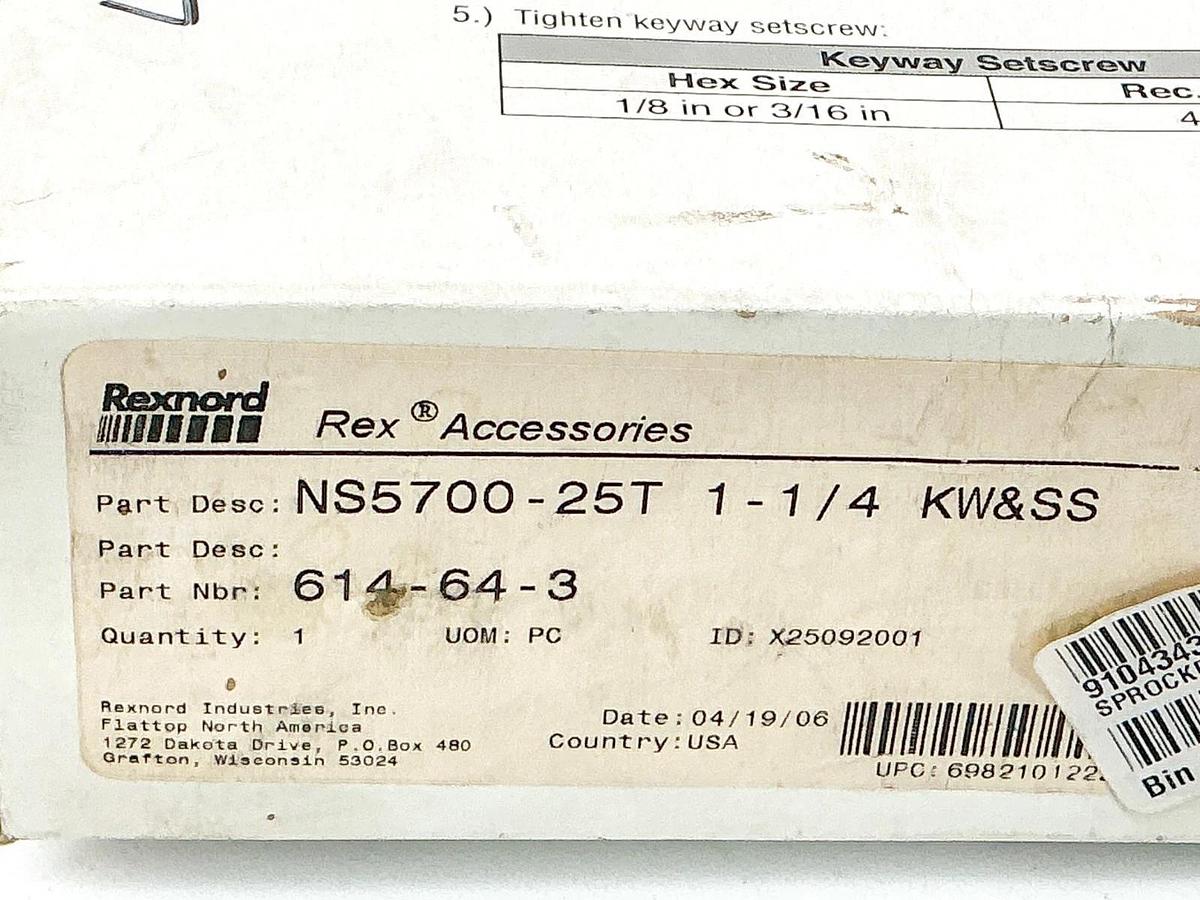New Rexnord 614-64-3 Split Sprocket 10028542 NS5700-25T_1-1/4IN_1KW1SS_PA