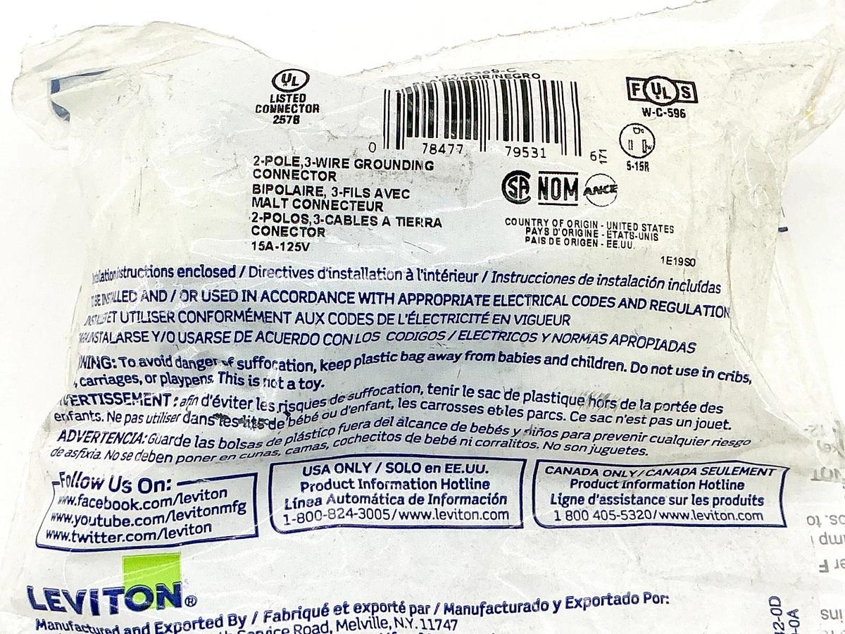 New Lot of 2 Leviton 5269-C Connector Body 2P 3Wire 15-125V 171-5269-C - No Box