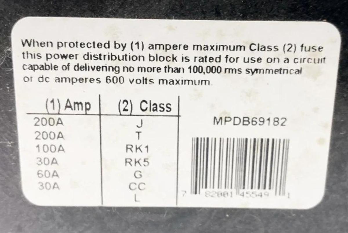 Used Ferraz Shawmut MPDB69182 Distribution Block Open Style 1000VAC/DC