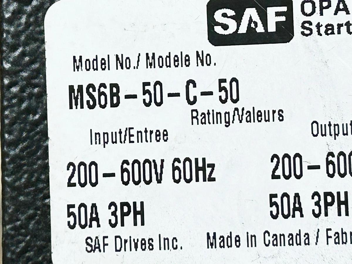 Used SAF Drive Opal Pro MS6B-50-C-50 Starter 600V 50A 50HP 3PH