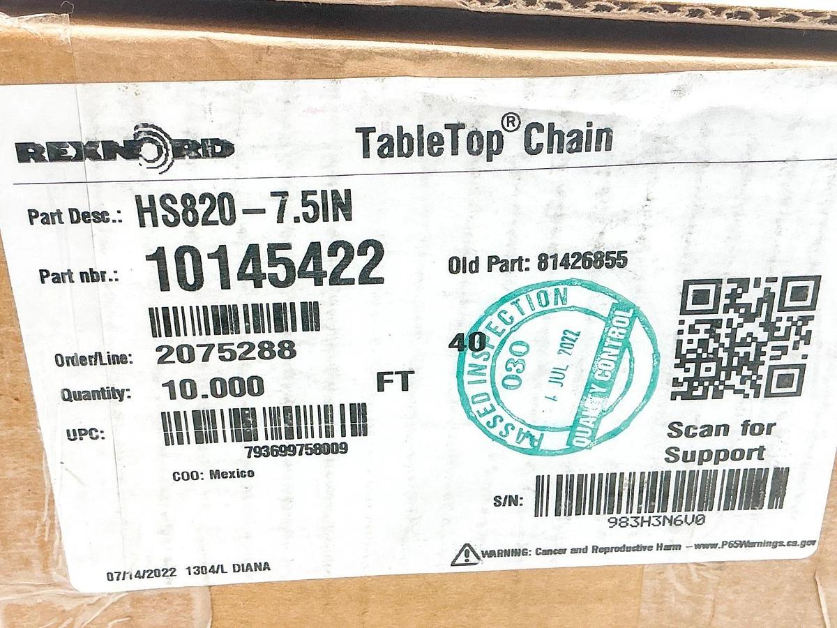 New Rexnord HS820-7.5IN TableTop Chain 10FT 10145422 81426855