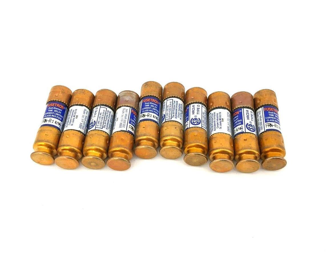 Box of 10 New Bussmann FRN-R-2-8/10 Time Delay Fuses, 250VAC, 2-8/10 A