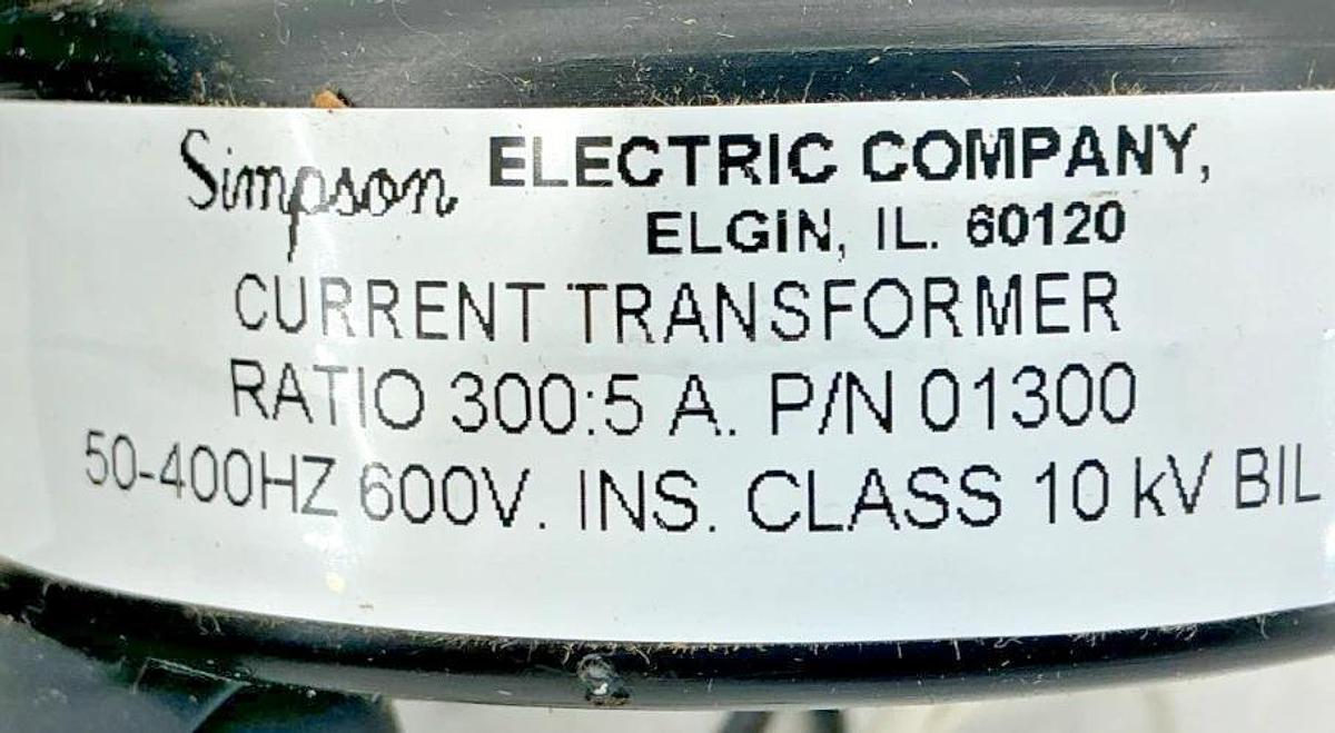 Used Simpson Electric Co 01300 Current Transformer 2-Wire Ratio: 300:5A 600V 50-400HZ