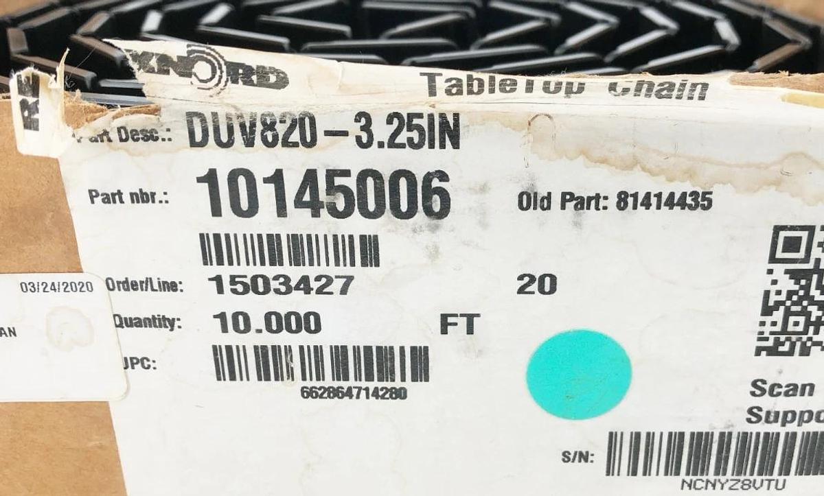New Rexnord DUV820-3.25 TableTop Chain 10145006 10 FT
