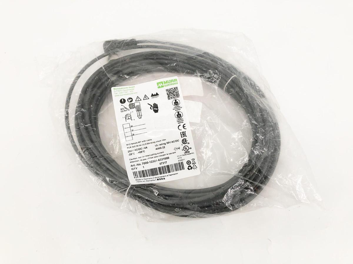 New Murr Elektronik 7000-12321-6331000 Cordset Right Angle M12 Black 22 AWG 4A