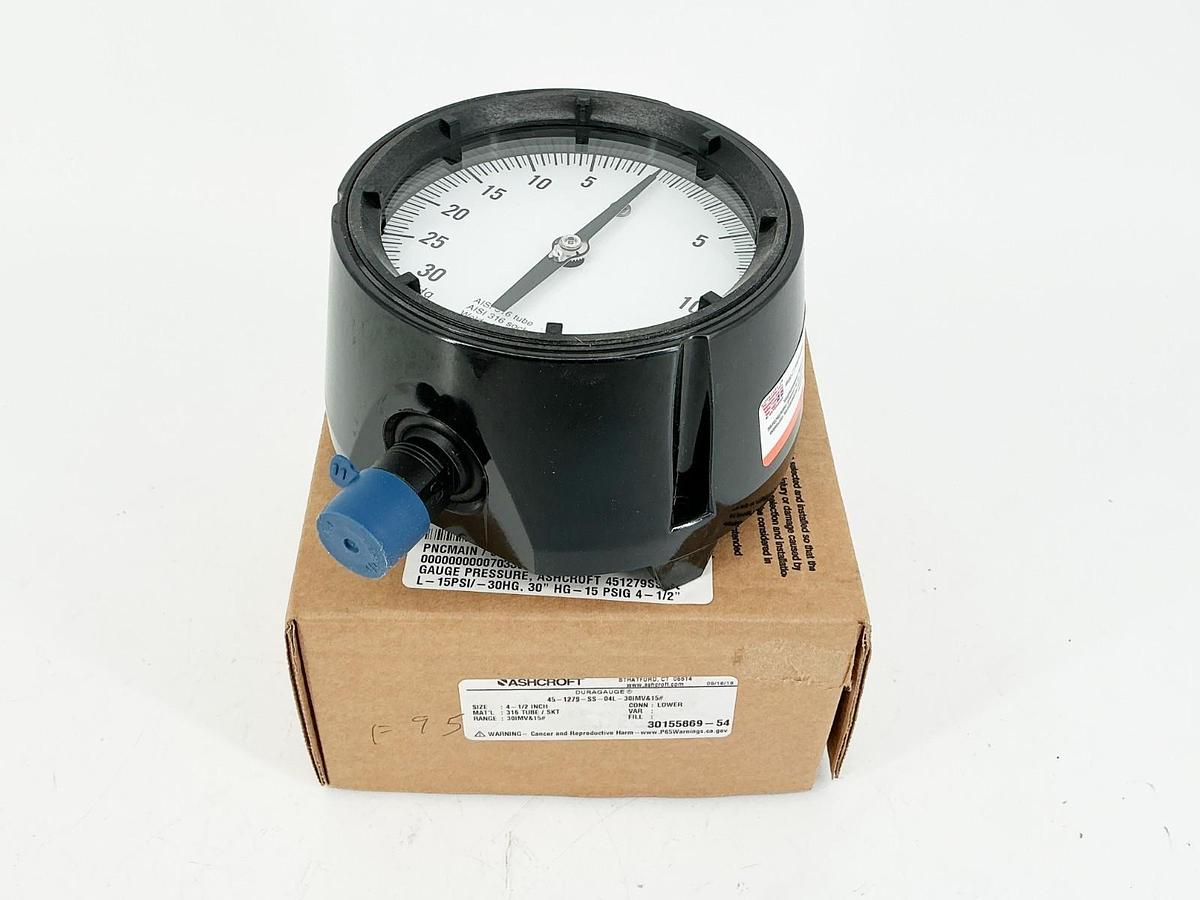 New Ashcroft 45-1279-SS-04L-30IMV&15 Pressure Gauge 4" Face 1/2"NPT 30IMV-15