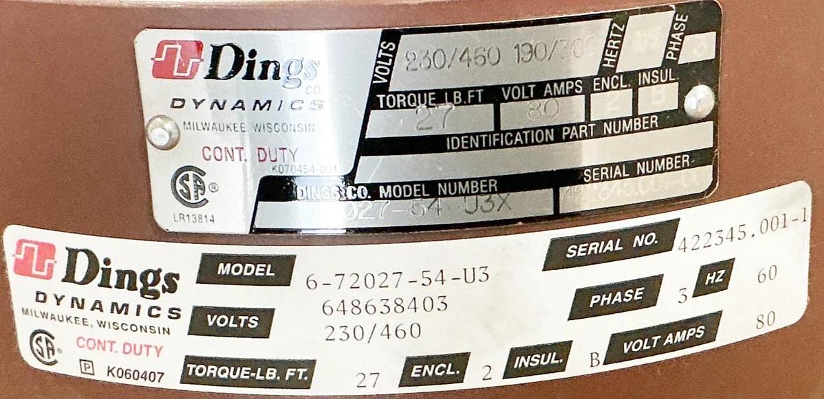 New Dings Dynamics 6-72027-54-U3 Spring Set Brake 460V 3PH 60Hz 27LB Torque 80A