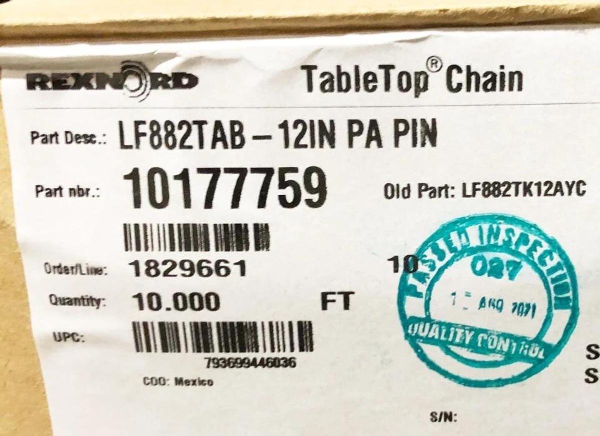 New Rexnord 10177759 TableTop Chain 12" x 10FT. LF882TAB-12IN PA Pin