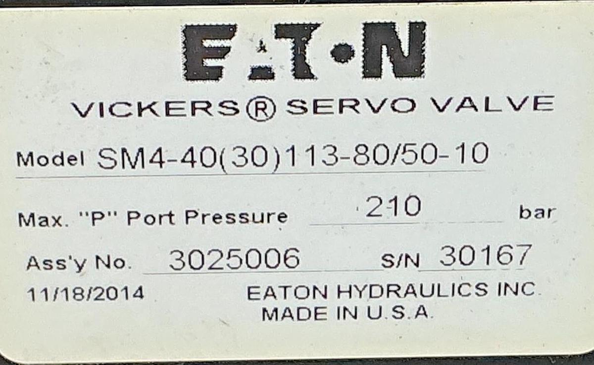 Used Eaton Vickers SM4-40(30) 113-80/50-10 Servo Valve Max Port Pressure 210 bar